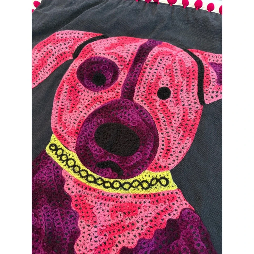 Tesoros Handmade India Cotton Dog Pillow Cover Pink‎ Pom Pom Trim Black